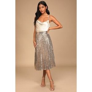 Glamorous Occasion Rose Gold Sequin Pleated Midi Skirt
